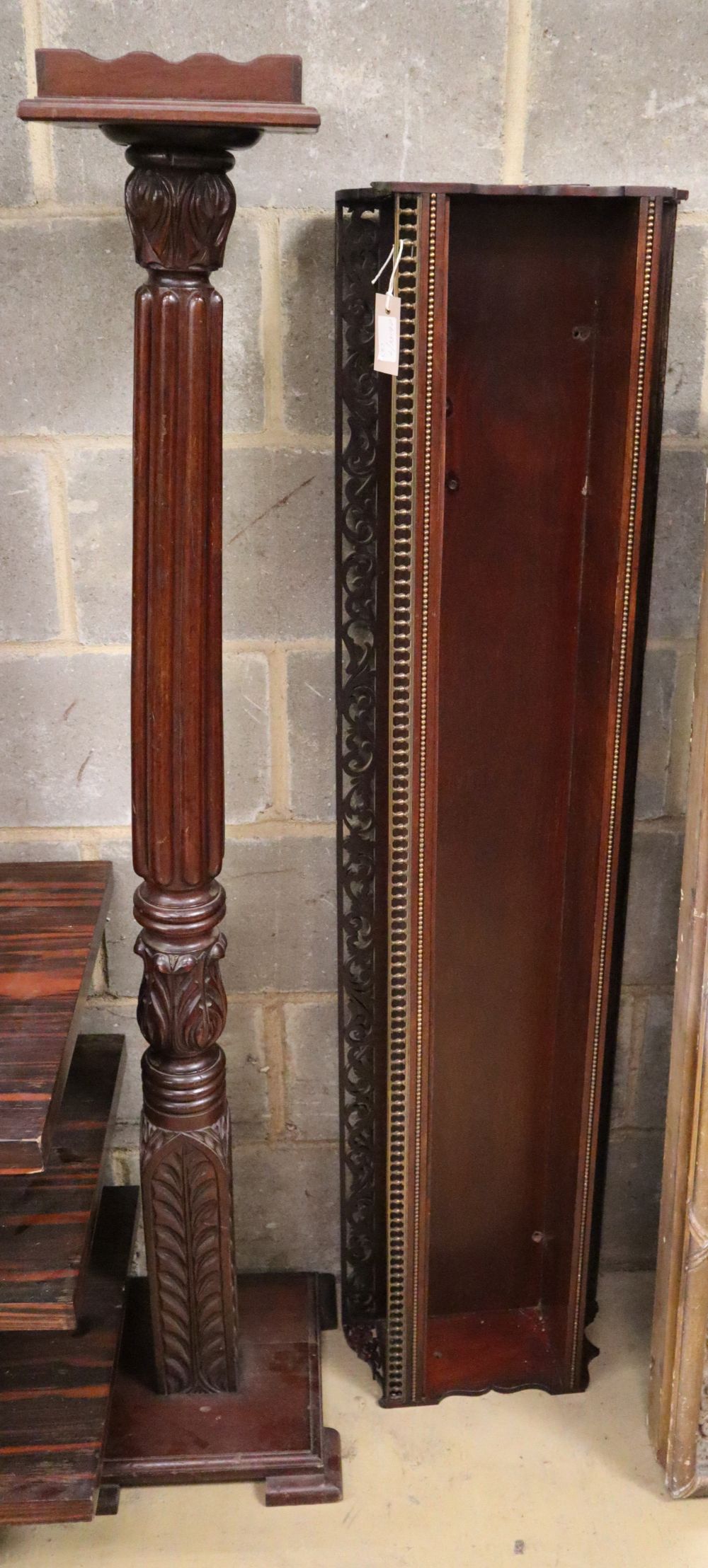 A carved mahogany pedestal together with a gilt metal mounted wall bracket, pedestal H.150cm